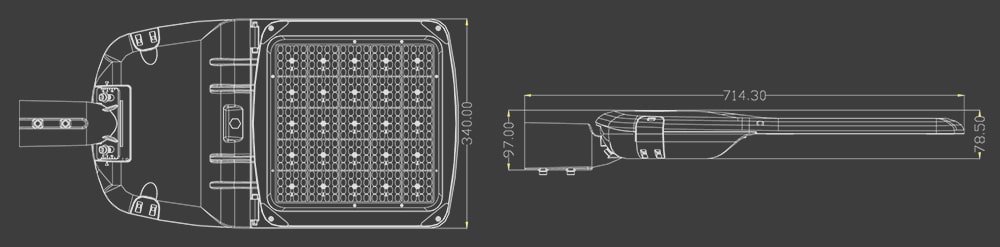 200W Streamlined Pluto LED Street Light 180lm/w size