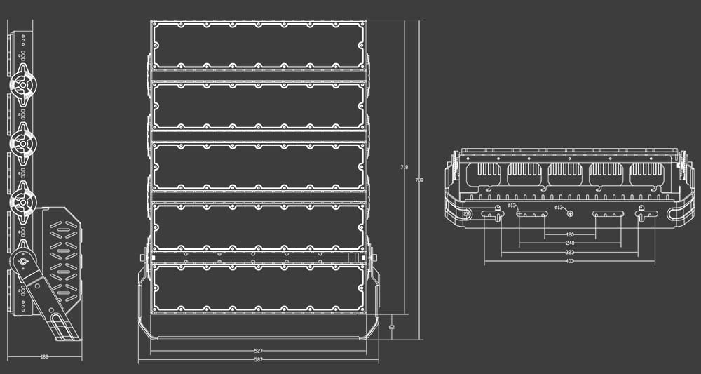 1200W Aluminum 5 Module LED Sport Light Fixtures size