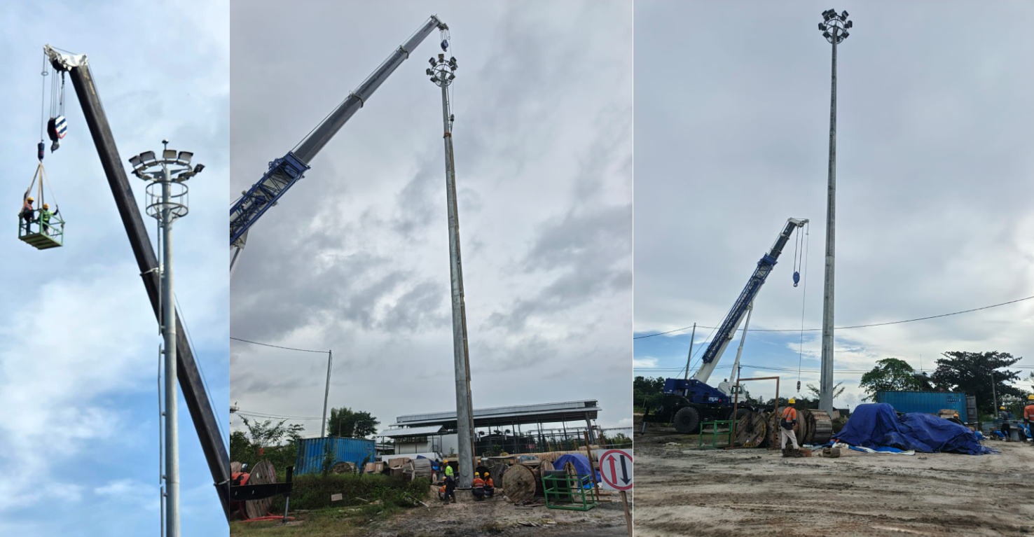 ULTRA 600W LED high mast lights being installed by crane at the mining site.