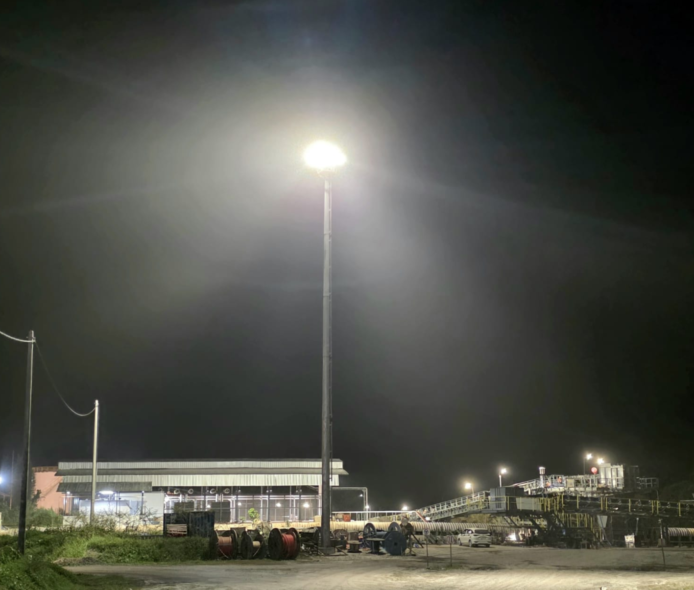 Night lighting performance of the high mast lights in the mining operation area.