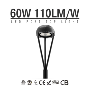 60W DLC IECEE LED Post Top Light Fixture 6,600Lm outdoor Park Pathway Pole Garden landscape Lights