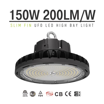 150w Slim Lightweight Folding Fins heatsink DLC Premium UFO LED High Bay Light - 30000 Lumens 