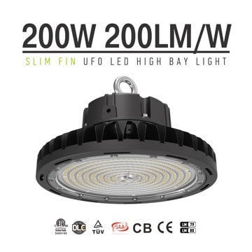 200W Slim Fin UFO LED High Bay Light-High Lumen Facory, warehouse, shop, workshop commerce industrial High ceiling lighting