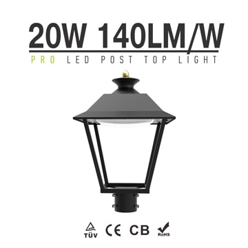 20W 2,800lm LED 120 Degree Post top Luminaire - 4m Pole Outdoor Light is equivalent to 60W MH lamp