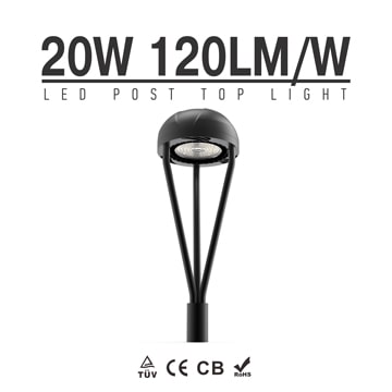Outdoor 20W LED Post Light Fixture, 100-277V 60-76mm Exterior Circular Area Light, CE RoHS IP65 Garden Light 