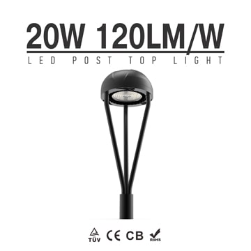 Outdoor 20W LED Post Light Fixture, 100-277V 60-76mm Exterior Circular Area Light, CE RoHS IP65 Garden Light