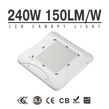 240W LED Canopy Ceiling Light with DLC ENEC - Tempered Glass Ultra Efficient Boom Mount Gas Station Light