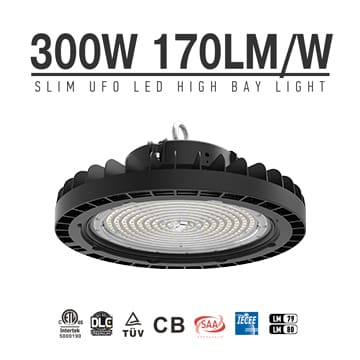 Slim LED High Bay Light 300W 51,000lm 3000-6000K 1-10V Dimmable UFO LED Area Lights 