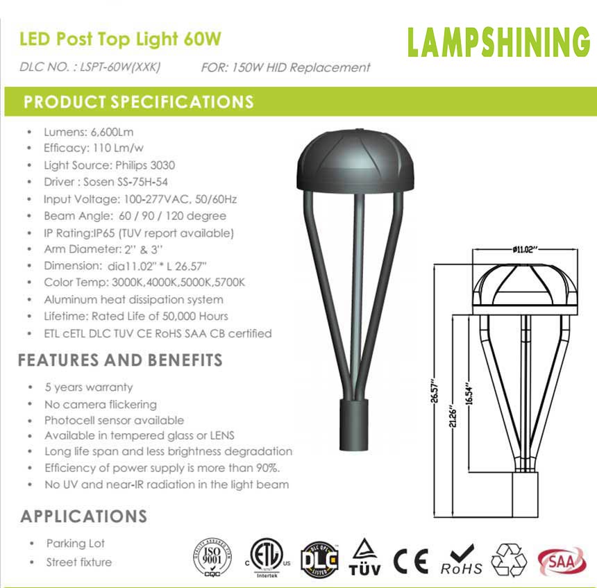 100W LED Post Top Pole Lights, DLC/ETL Listed 14000Lm Outdoor Circular Area Light Fixture Parking Lot Light 500w Equivalent Ip65 Waterproof Pathway Lamp Top Yard Light Street Pole Light 7 thumbnail image