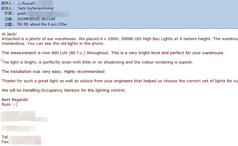 150w led flat high bay light Customer feedback letter