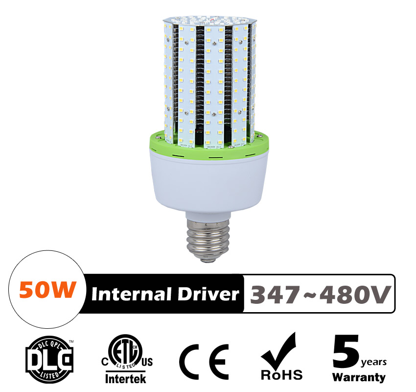 50W LED Corn Bulbs AC 347V 480V 6,250Lm 130Lm/W Equal 175W HID