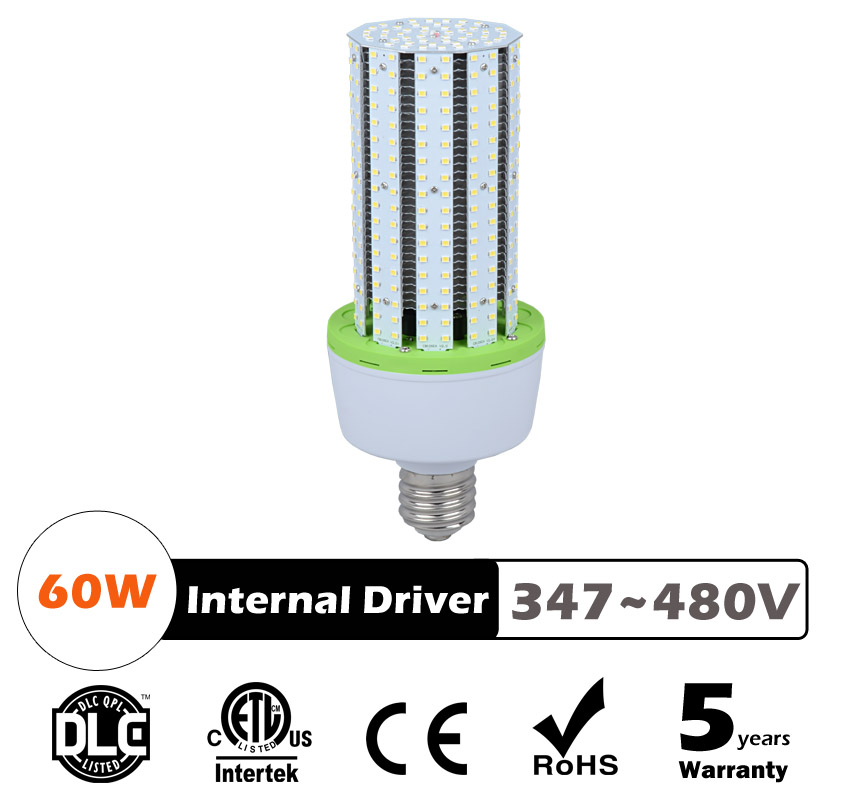 60W LED Corn Bulbs AC 347V 480V 7,700Lm 130Lm/W Equal 225W HID