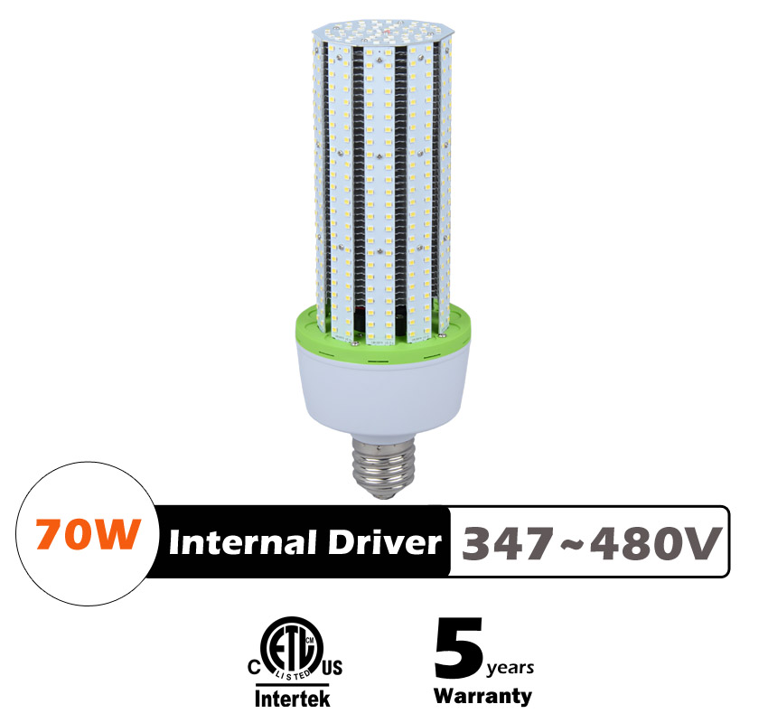 70W LED Corn Bulbs AC 347V 480V 9,100Lm 130Lm/W Equal 250W HID