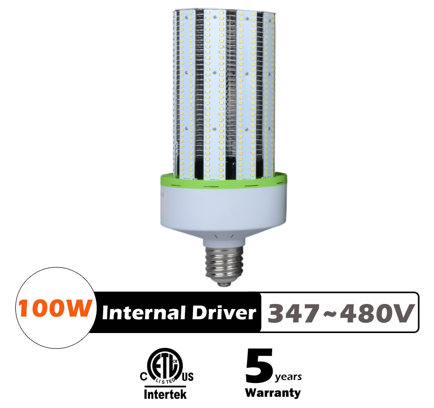 100W LED Corn Bulbs AC 347V 480V 13,000Lm 130Lm/W Equal 400W HID