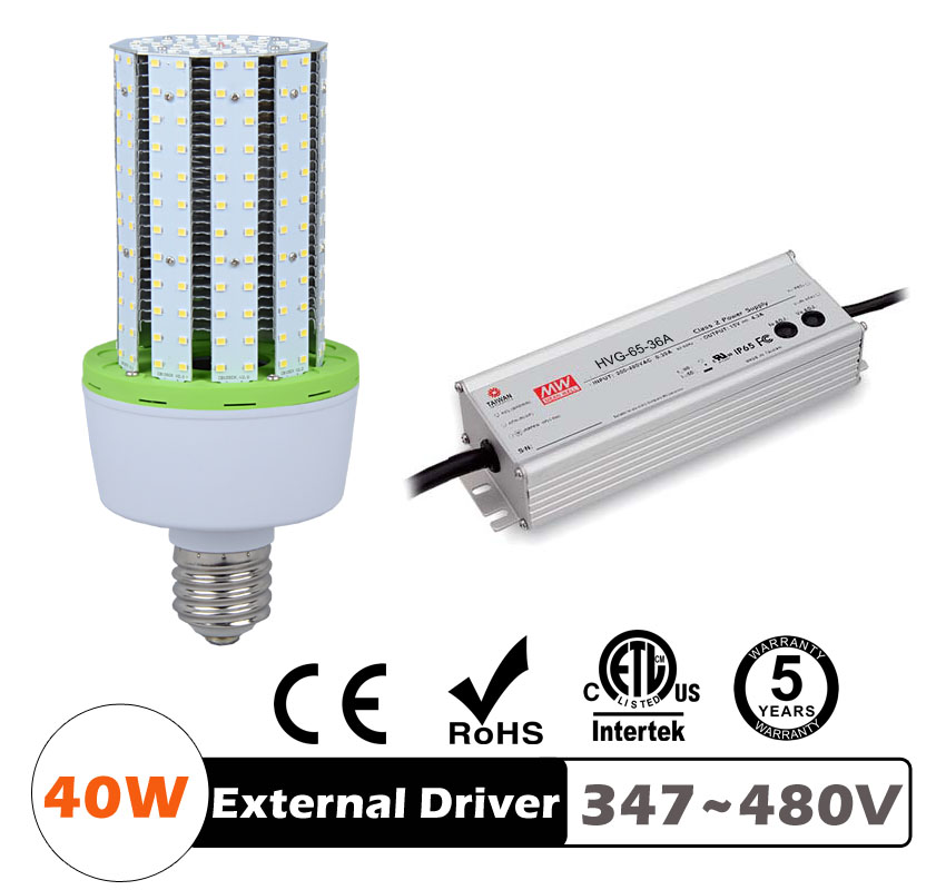 40W LED Corn Bulbs 5,200Lm Equal 150W HID External driver AC 347V 480V