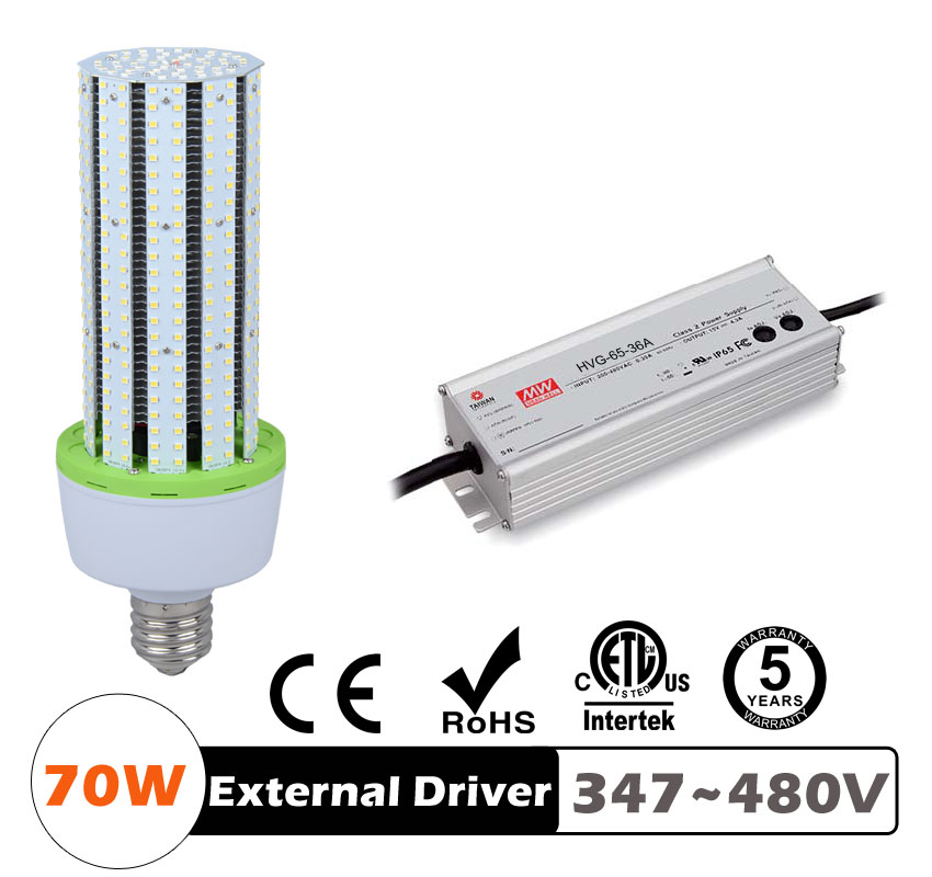 70W LED Corn Bulbs 9,100Lm Equal 275W HID External driver AC 347V~480V