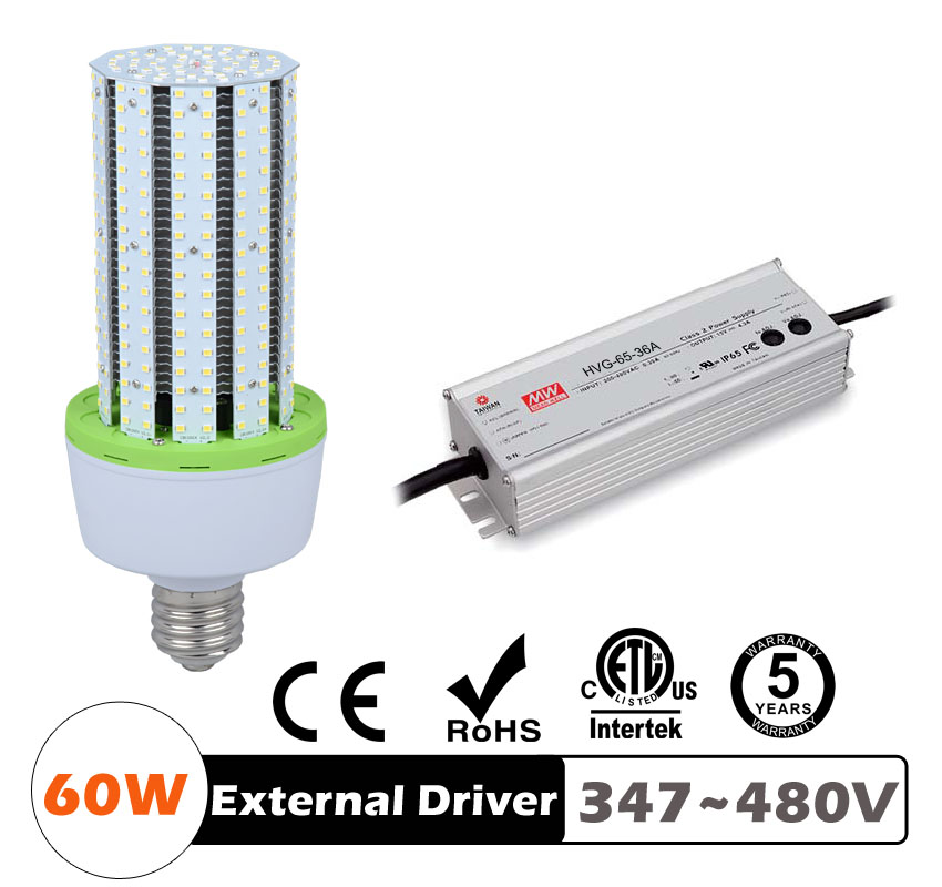 60W LED Corn Bulbs 7,800Lm Equal 250W HID External driver AC 347V~480V