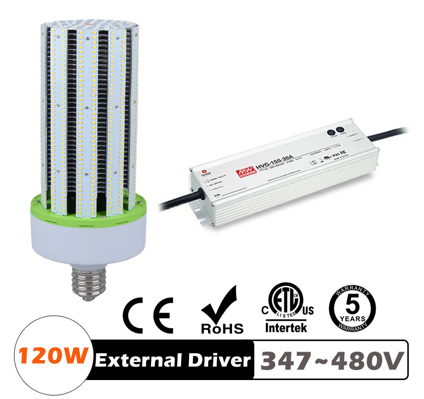 120W LED Corn Bulbs 15,600Lm Equal 450W HID External driver AC 347V~480V