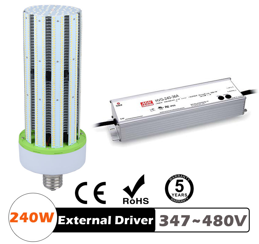 240W LED Corn Bulbs 28,800Lm Equal 1000W HID External driver AC 347V~480V