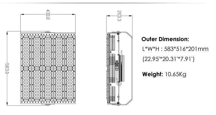 500w led low bay luminaire size